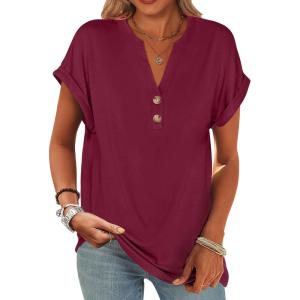 image:imageANRABESS Womens Short Sleeve Henley Tops V Neck Dressy Casual Blouses Summer Trendy Tee Shirts 2026 Vacation Fashion ClothesBurgundy
