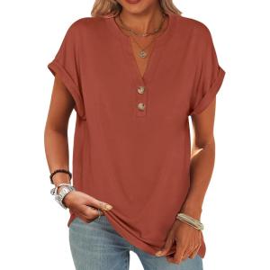 image:imageANRABESS Womens Short Sleeve Henley Tops V Neck Dressy Casual Blouses Summer Trendy Tee Shirts 2026 Vacation Fashion ClothesCaramel Brown