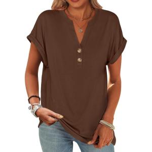 image:imageANRABESS Womens Short Sleeve Henley Tops V Neck Dressy Casual Blouses Summer Trendy Tee Shirts 2026 Vacation Fashion ClothesCoffee