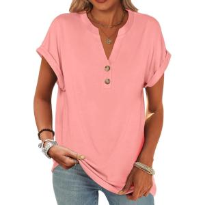 image:imageANRABESS Womens Short Sleeve Henley Tops V Neck Dressy Casual Blouses Summer Trendy Tee Shirts 2026 Vacation Fashion ClothesCoral