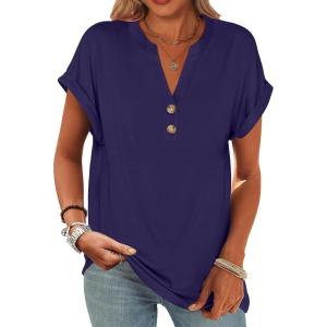 image:imageANRABESS Womens Short Sleeve Henley Tops V Neck Dressy Casual Blouses Summer Trendy Tee Shirts 2026 Vacation Fashion ClothesDark Blue