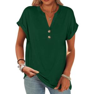 image:imageANRABESS Womens Short Sleeve Henley Tops V Neck Dressy Casual Blouses Summer Trendy Tee Shirts 2026 Vacation Fashion ClothesDark Green