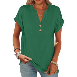 image:imageANRABESS Womens Short Sleeve Henley Tops V Neck Dressy Casual Blouses Summer Trendy Tee Shirts 2026 Vacation Fashion ClothesGreen