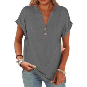 image:imageANRABESS Womens Short Sleeve Henley Tops V Neck Dressy Casual Blouses Summer Trendy Tee Shirts 2026 Vacation Fashion ClothesGrey