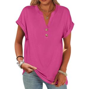 image:imageANRABESS Womens Short Sleeve Henley Tops V Neck Dressy Casual Blouses Summer Trendy Tee Shirts 2026 Vacation Fashion ClothesHot Pink
