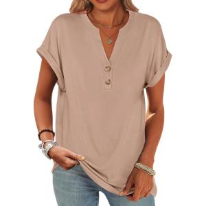 image:imageANRABESS Womens Short Sleeve Henley Tops V Neck Dressy Casual Blouses Summer Trendy Tee Shirts 2026 Vacation Fashion ClothesKhaki