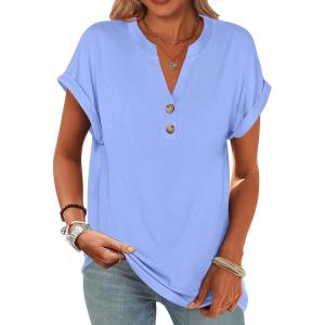 image:imageANRABESS Womens Short Sleeve Henley Tops V Neck Dressy Casual Blouses Summer Trendy Tee Shirts 2026 Vacation Fashion ClothesLight Blue