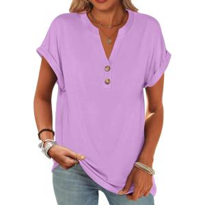 image:imageANRABESS Womens Short Sleeve Henley Tops V Neck Dressy Casual Blouses Summer Trendy Tee Shirts 2026 Vacation Fashion ClothesLight Purple