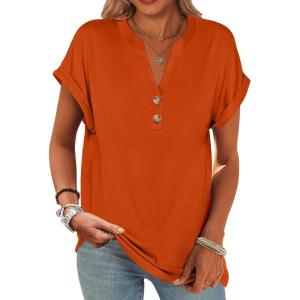image:imageANRABESS Womens Short Sleeve Henley Tops V Neck Dressy Casual Blouses Summer Trendy Tee Shirts 2026 Vacation Fashion ClothesOrange