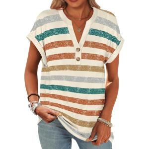 image:imageANRABESS Womens Short Sleeve Henley Tops V Neck Dressy Casual Blouses Summer Trendy Tee Shirts 2026 Vacation Fashion ClothesOrange Lake Strip
