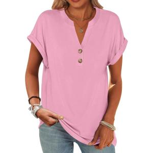 image:imageANRABESS Womens Short Sleeve Henley Tops V Neck Dressy Casual Blouses Summer Trendy Tee Shirts 2026 Vacation Fashion ClothesPink