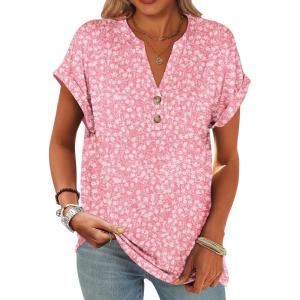 image:imageANRABESS Womens Short Sleeve Henley Tops V Neck Dressy Casual Blouses Summer Trendy Tee Shirts 2026 Vacation Fashion ClothesPink White Floral