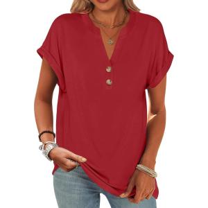 image:imageANRABESS Womens Short Sleeve Henley Tops V Neck Dressy Casual Blouses Summer Trendy Tee Shirts 2026 Vacation Fashion ClothesRed