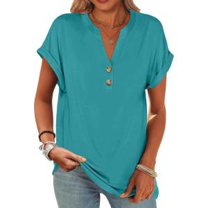 image:imageANRABESS Womens Short Sleeve Henley Tops V Neck Dressy Casual Blouses Summer Trendy Tee Shirts 2026 Vacation Fashion ClothesSky Blue