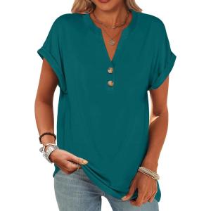 image:imageANRABESS Womens Short Sleeve Henley Tops V Neck Dressy Casual Blouses Summer Trendy Tee Shirts 2026 Vacation Fashion ClothesTeal