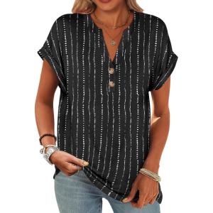image:imageANRABESS Womens Short Sleeve Henley Tops V Neck Dressy Casual Blouses Summer Trendy Tee Shirts 2026 Vacation Fashion ClothesWhite Black Strip