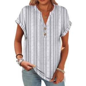 image:imageANRABESS Womens Short Sleeve Henley Tops V Neck Dressy Casual Blouses Summer Trendy Tee Shirts 2026 Vacation Fashion ClothesWhite Grey Strip