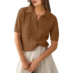image:imageANRABESS Womens Short Sleeve Sweaters Tops Polo V Neck Cable Knit Casual Soft Pullover Shirts 2026 Summer OutfitsBrown