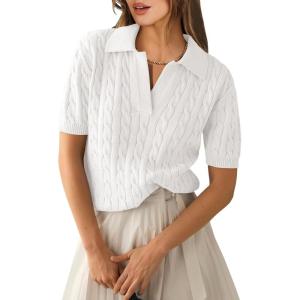 image:imageANRABESS Womens Short Sleeve Sweaters Tops Polo V Neck Cable Knit Casual Soft Pullover Shirts 2026 Summer OutfitsCream