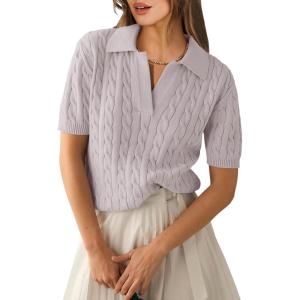 image:imageANRABESS Womens Short Sleeve Sweaters Tops Polo V Neck Cable Knit Casual Soft Pullover Shirts 2026 Summer OutfitsGrey