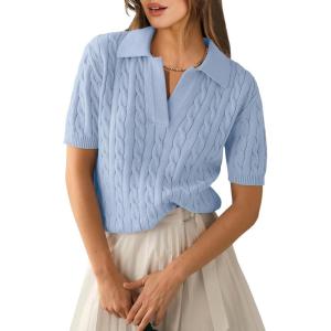 image:imageANRABESS Womens Short Sleeve Sweaters Tops Polo V Neck Cable Knit Casual Soft Pullover Shirts 2026 Summer OutfitsLight Blue
