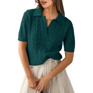 image:imageANRABESS Womens Short Sleeve Sweaters Tops Polo V Neck Cable Knit Casual Soft Pullover Shirts 2026 Summer OutfitsOpal Green