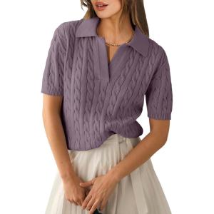 image:imageANRABESS Womens Short Sleeve Sweaters Tops Polo V Neck Cable Knit Casual Soft Pullover Shirts 2026 Summer OutfitsPurple