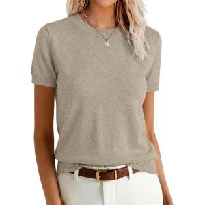 image:imageANRABESS Womens Short Sleeve Sweaters Wool Blend Crew Neck Sweater Shirts Business Casual Work Tops 2026 Summer OutfitsAlmond