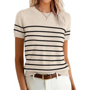 image:imageANRABESS Womens Short Sleeve Sweaters Wool Blend Crew Neck Sweater Shirts Business Casual Work Tops 2026 Summer OutfitsBeige Black Stripe