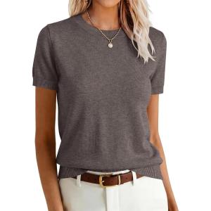 image:imageANRABESS Womens Short Sleeve Sweaters Wool Blend Crew Neck Sweater Shirts Business Casual Work Tops 2026 Summer OutfitsCoffee