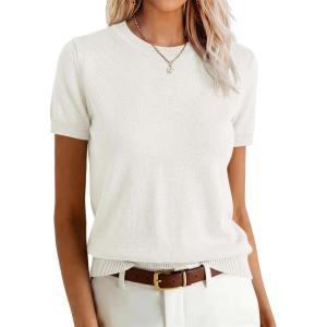 image:imageANRABESS Womens Short Sleeve Sweaters Wool Blend Crew Neck Sweater Shirts Business Casual Work Tops 2026 Summer OutfitsCream White