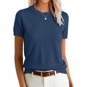 image:imageANRABESS Womens Short Sleeve Sweaters Wool Blend Crew Neck Sweater Shirts Business Casual Work Tops 2026 Summer OutfitsDeep Blue
