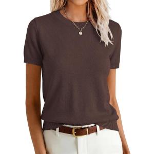 image:imageANRABESS Womens Short Sleeve Sweaters Wool Blend Crew Neck Sweater Shirts Business Casual Work Tops 2026 Summer OutfitsDeep Brown