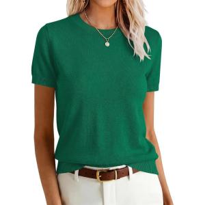 image:imageANRABESS Womens Short Sleeve Sweaters Wool Blend Crew Neck Sweater Shirts Business Casual Work Tops 2026 Summer OutfitsDeep Green