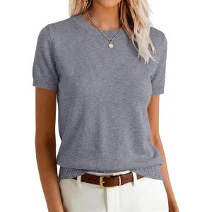 image:imageANRABESS Womens Short Sleeve Sweaters Wool Blend Crew Neck Sweater Shirts Business Casual Work Tops 2026 Summer OutfitsDeep Grey