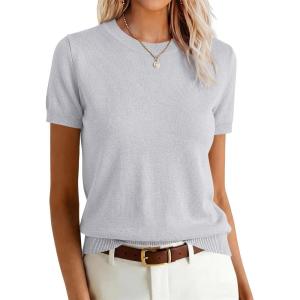image:imageANRABESS Womens Short Sleeve Sweaters Wool Blend Crew Neck Sweater Shirts Business Casual Work Tops 2026 Summer OutfitsGrey