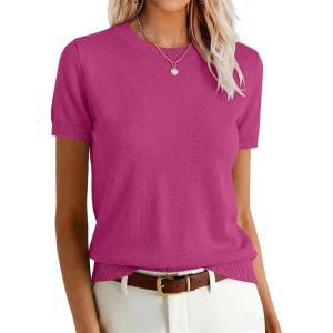 image:imageANRABESS Womens Short Sleeve Sweaters Wool Blend Crew Neck Sweater Shirts Business Casual Work Tops 2026 Summer OutfitsHot Pink