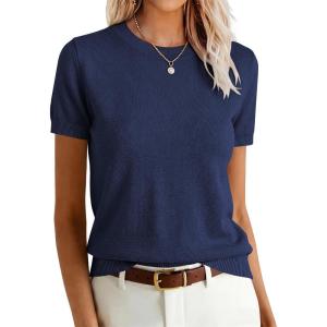 image:imageANRABESS Womens Short Sleeve Sweaters Wool Blend Crew Neck Sweater Shirts Business Casual Work Tops 2026 Summer OutfitsNavy Blue