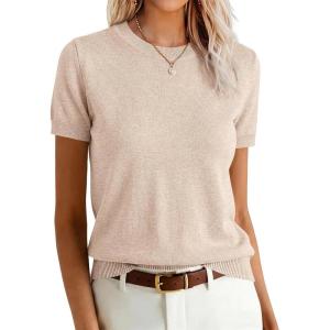 image:imageANRABESS Womens Short Sleeve Sweaters Wool Blend Crew Neck Sweater Shirts Business Casual Work Tops 2026 Summer OutfitsParchment Beige