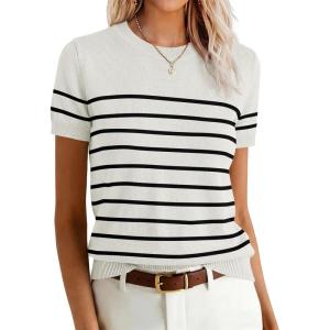 image:imageANRABESS Womens Short Sleeve Sweaters Wool Blend Crew Neck Sweater Shirts Business Casual Work Tops 2026 Summer OutfitsWhite Black Stripe