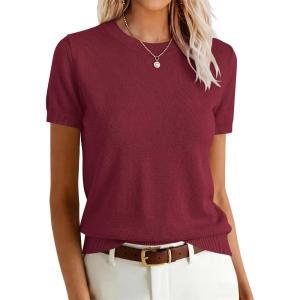 image:imageANRABESS Womens Short Sleeve Sweaters Wool Blend Crew Neck Sweater Shirts Business Casual Work Tops 2026 Summer OutfitsWine Red
