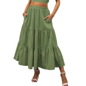 image:imageANRABESS Womens Summer Boho Flowy Swing Tiered ALine Maxi Skirt 2026 Fashion Trendy Elastic Waist Pleated Long Beach DressArmygreen