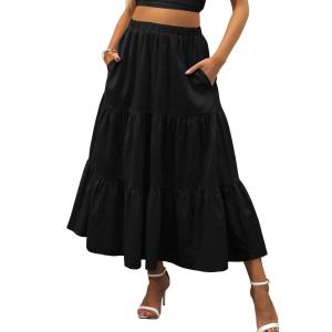 image:imageANRABESS Womens Summer Boho Flowy Swing Tiered ALine Maxi Skirt 2026 Fashion Trendy Elastic Waist Pleated Long Beach DressBlack
