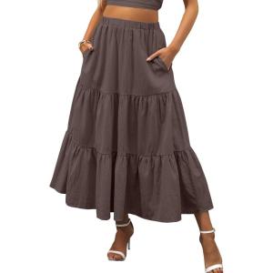 image:imageANRABESS Womens Summer Boho Flowy Swing Tiered ALine Maxi Skirt 2026 Fashion Trendy Elastic Waist Pleated Long Beach DressCoffee