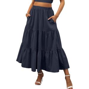 image:imageANRABESS Womens Summer Boho Flowy Swing Tiered ALine Maxi Skirt 2026 Fashion Trendy Elastic Waist Pleated Long Beach DressDark Navy Blue
