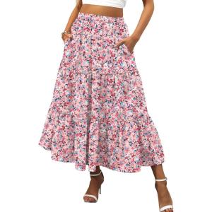 image:imageANRABESS Womens Summer Boho Flowy Swing Tiered ALine Maxi Skirt 2026 Fashion Trendy Elastic Waist Pleated Long Beach DressFloral Pink