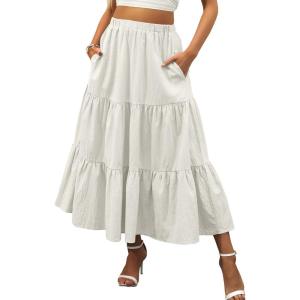 image:imageANRABESS Womens Summer Boho Flowy Swing Tiered ALine Maxi Skirt 2026 Fashion Trendy Elastic Waist Pleated Long Beach DressGray