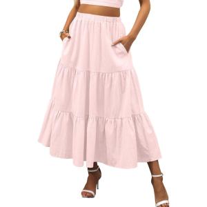 image:imageANRABESS Womens Summer Boho Flowy Swing Tiered ALine Maxi Skirt 2026 Fashion Trendy Elastic Waist Pleated Long Beach DressLight Pink