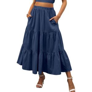 image:imageANRABESS Womens Summer Boho Flowy Swing Tiered ALine Maxi Skirt 2026 Fashion Trendy Elastic Waist Pleated Long Beach DressNavy Blue