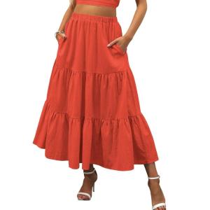 image:imageANRABESS Womens Summer Boho Flowy Swing Tiered ALine Maxi Skirt 2026 Fashion Trendy Elastic Waist Pleated Long Beach DressOrange